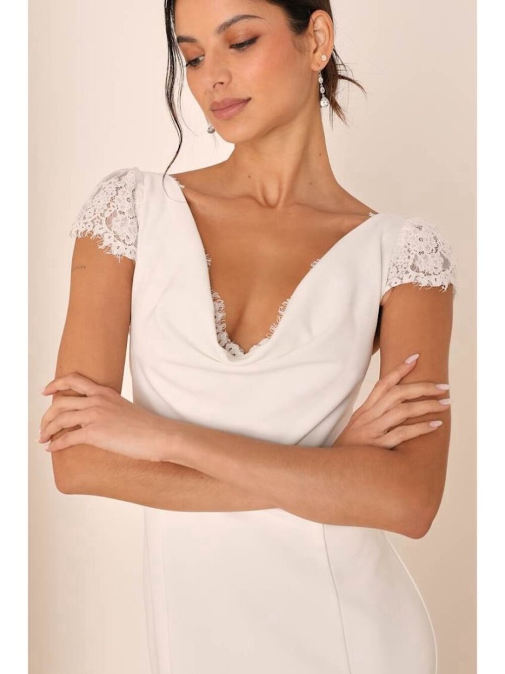 Lulus Forever Beloved Wedding Dress Sz Large White Lace Cap Sleeve Mermaid Maxi - Picture 5 of 8